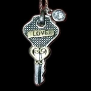 Love Key Heard Gem Charm Silvertone Rhinestone Necklace